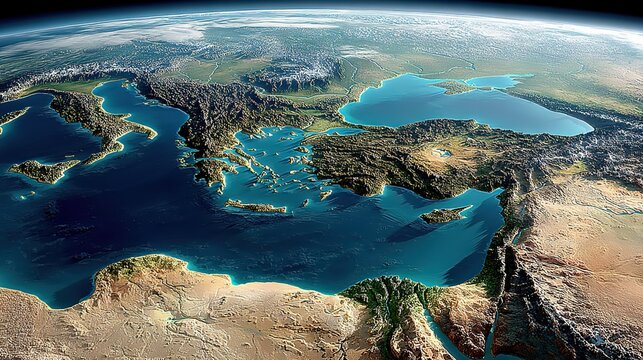 Orbital View 3D Rendered Mediterranean Region Terrain: Balkan Peninsula, Greek Islands, Anatolia, North African Coast, Geographic Visualization Asset for Education, Science, Design Projects