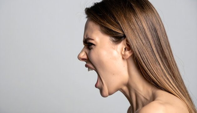 Mujer gritando de perfil sobre fondo gris en concepto de enfado, estr&eacute;s y expresi&oacute;n emocional intensa