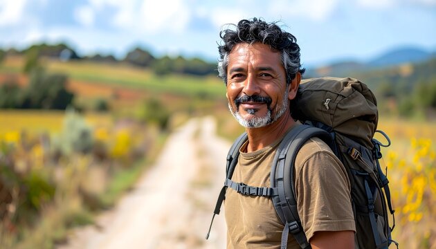 Hombre senderista sonriente con mochila en paisaje rural de vi&ntilde;edos y monta&ntilde;as
