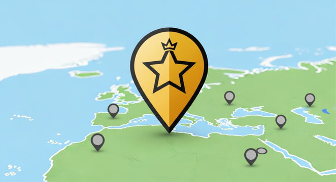 Map Pin with Star and Crown Icon on World Map.
