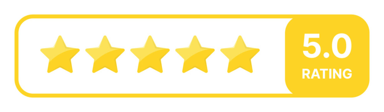 Yellow five star rating banner with maximum score 5.0 showing premium quality feedback concept isolated on transparent background suitable for ecommerce review interface and mobile application design