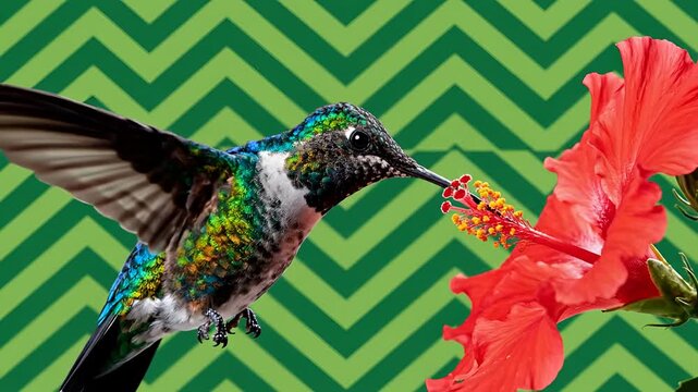 Hummingbird Feeding on Red Hibiscus Flower with Green Chevron Background.