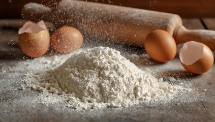 Fototapeta premium Rustic baking preparation scene featuring scattered flour cracked eggs and wooden rolling pin designed for homemade recipe promotions and cooking editorials