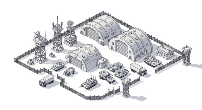 Isometric illustration of a military base featuring hangars, vehicles, and watchtowers enclosed by a barbed wire fence, presented in a monochromatic color scheme against a clean white