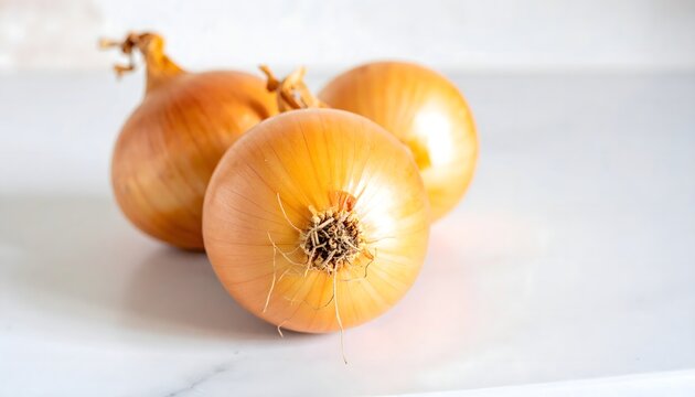 Cebollas doradas frescas sobre encimera clara en cocina luminosa con presentaci&oacute;n natural