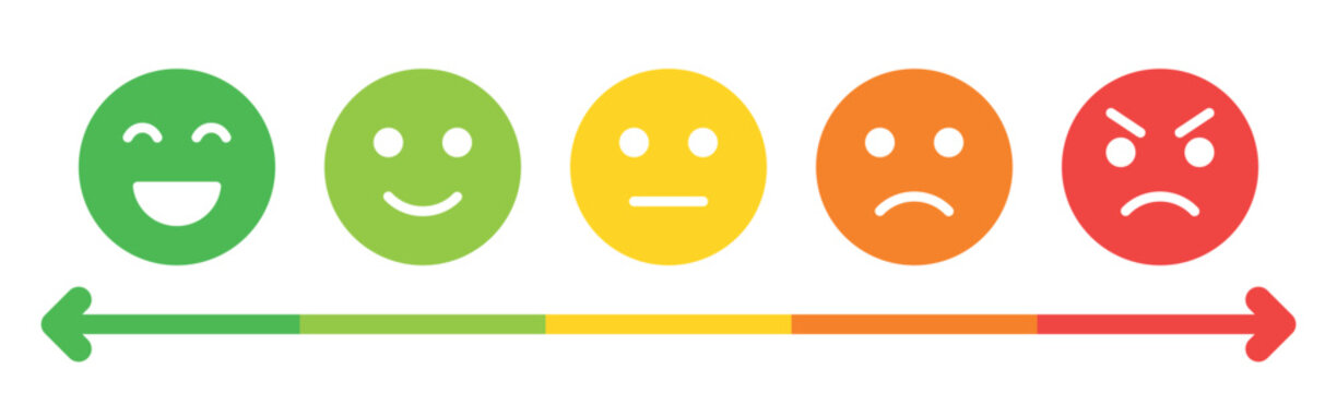 Customer satisfaction scale with emoticon faces from happy to angry and colored rating bar arrow showing feedback level isolated on transparent background for survey experience and review design style
