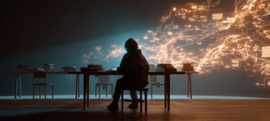 Obraz premium Student Learning with AI Powered Knowledge Streams, Calm Study Scene Surrounded by Floating Books, Glowing Formulas and Holographic Data, Futuristic Education Concept, Cinematic Minimal Style