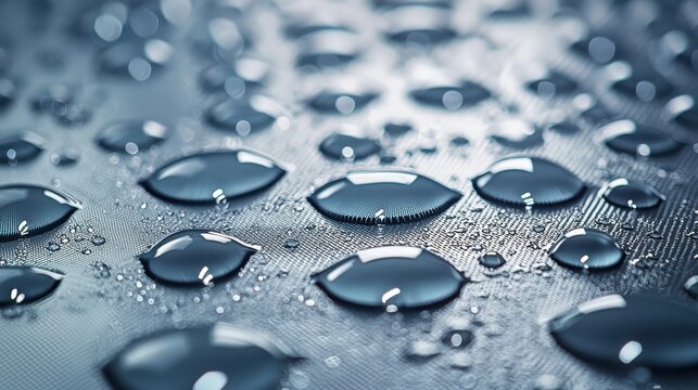Hydrophobic barrier film testing macro photography water droplets spherical beading surface tension effects laboratory analysis clear sample demonstration repulsion