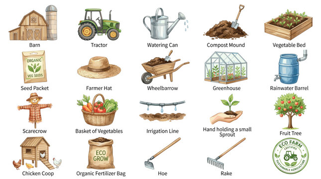 Gardening tools and organic farming vector set with barn, tractor, watering can, compost, greenhouse, seed packet, harvest basket and garden supplies
