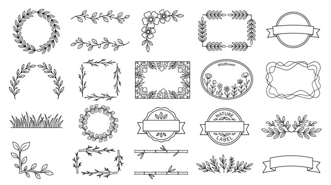 Minimal botanical wreath outline vector set with floral frames, leaf borders, branch ornaments, laurel circles, badges, ribbons and decorative garden elements.