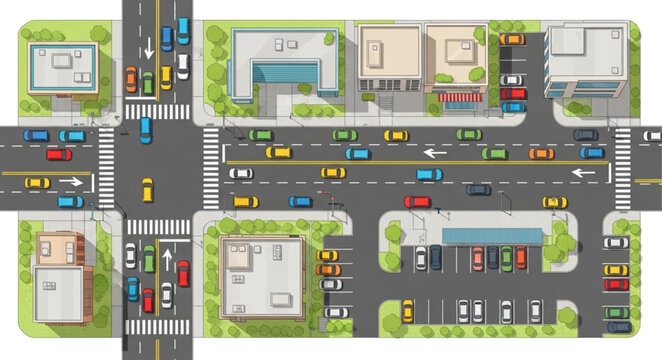 Aerial view of a busy city intersection with traffic and buildings.