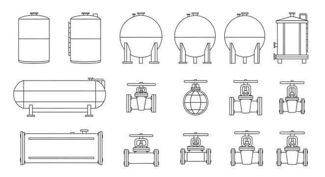 Industrial equipment schematic drawings of tanks and valves.