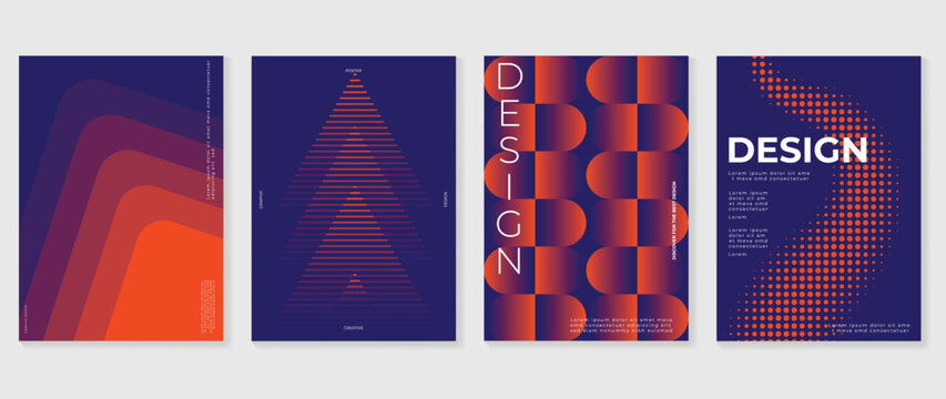 Modern abstract poster vector set. Bold blue and orange geometric cover design with gradient shapes, halftone dots, striped triangle and retro creative layout.