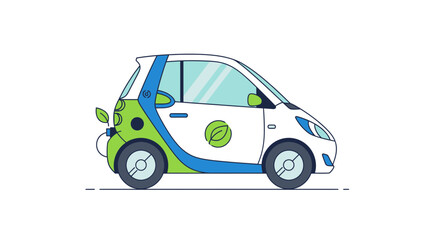Naklejka premium Modern electric car with green leaf symbol, eco-friendly transport, clean energy