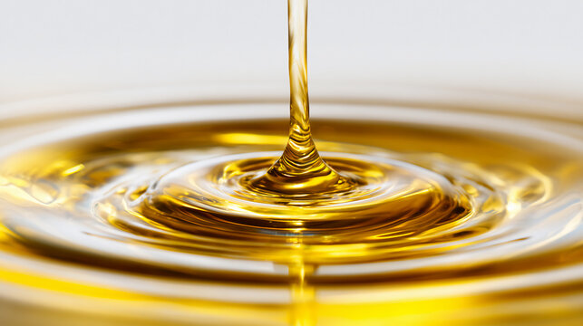 Golden liquid is being poured, creating ripples and a smooth swirling motion on the surface.