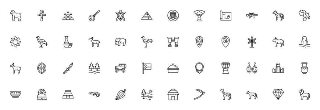 Africa icon set. Minimalist vector collection. Includes Gorilla, Ankh, Pyramid, Zebra, Elephant, Lion, Baobab, Mask, Savannah, Djembe, Map, Shield, and more. Editable stroke.