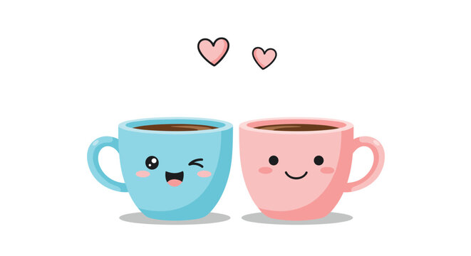 Two adorable cartoon coffee mugs with cute faces and floating pink hearts against a clean white background for a lovely morning vibe.