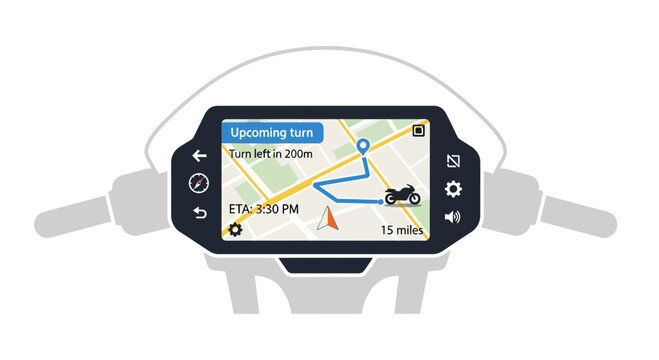 Motorcycle GPS Navigation System Displaying Route and Turn Instructions