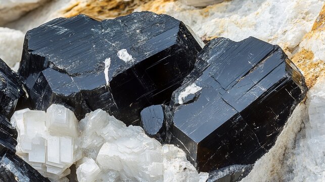 pegmatite. Granite pegmatite specimen with black tourmaline and white feldspar crystals. gardening catalogs, home-decor guides, designed for gardening and botanical catalogs, celebrates nature.