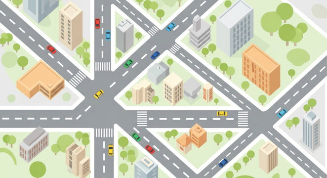 Aerial view of a busy city intersection with traffic and buildings.