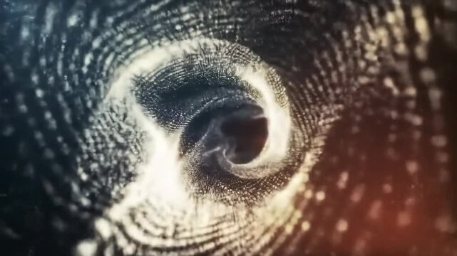 Abstract futuristic swirling vortex of glowing digital particles.