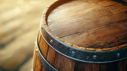 Fototapeta premium Close-up of an old wooden barrel with metal hoops, showcasing texture and rustic craftsmanship in warm natural lighting.