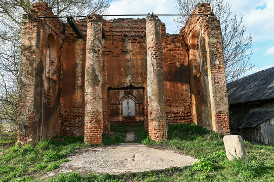 Abandoned brick church ruins in rural Eastern Europe