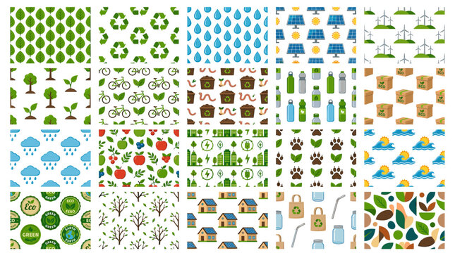 Eco seamless pattern collection with leaves, recycle symbols, rain drops, solar panels, wind turbines, trees, gardens, vegetables, waves and green elements.