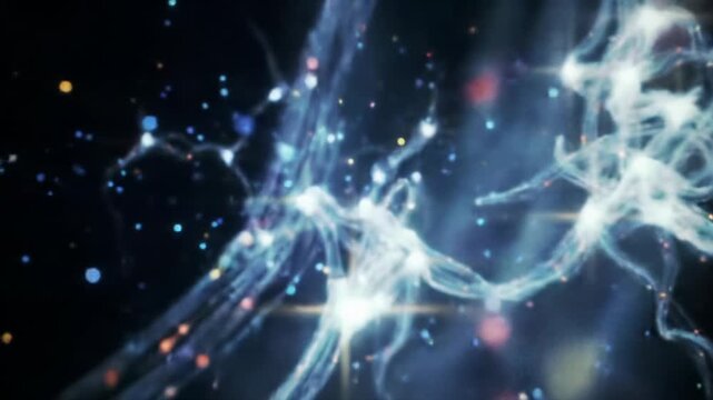 Dynamic digital network expanding in deep space, vibrant glowing data particles forming intricate neural pathways with volumetric light and ethereal glow. Concept of future-forward innovation