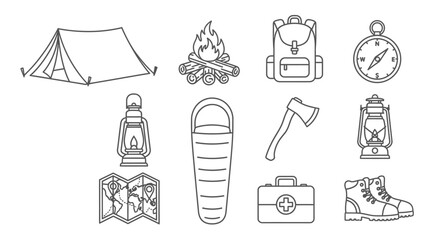 Fototapeta premium Collection of camping equipment icons and hiking gear line art illustrations