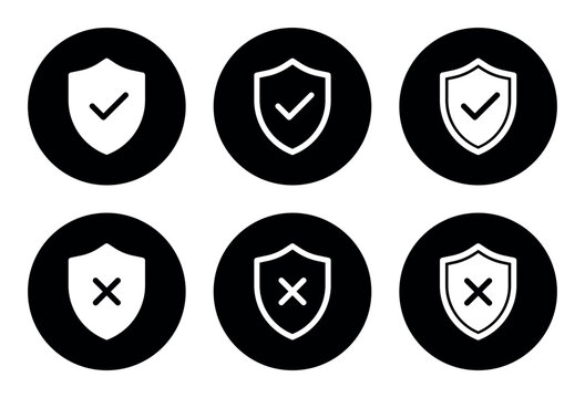 monochrome shield check cross icon set security approval rejection symbols black white protection safety minimal interface ui ux web app cybersecurity validation design collection