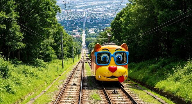 Kereta gantung bergambar karakter lucu di Ikoma Cable Car di Nara, Jepang.