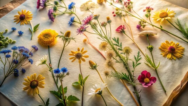 A photo of wildflowers pressed between dry paper sheets, their vibrant colors fading slightly with age, surrounded by a sparse, rocky landscape