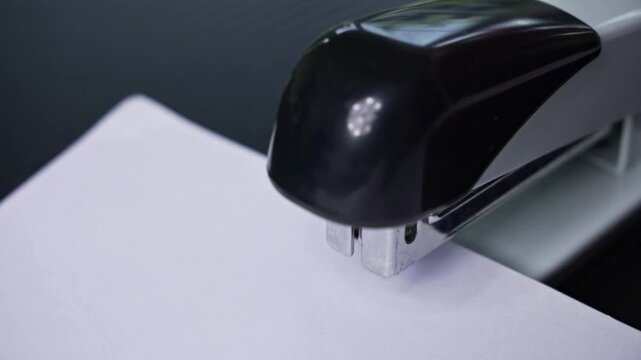 Hand pressing stapler on blank paper with dark textured desk background