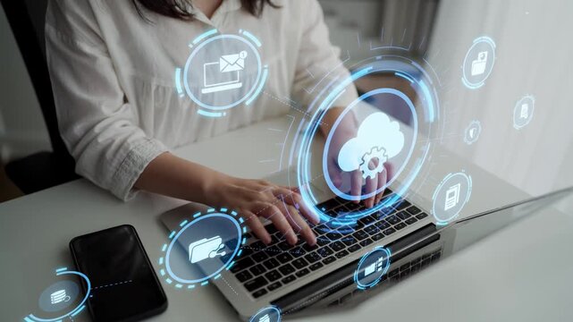 Concept design of managing online documents with cloud storage, digital file management, and secure sharing. Online documents improve workflow, online documents enhance security. Funnel