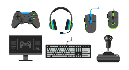 Flat vector set of gaming peripherals including headset, keyboard, mouse, and joystick icons. © Kasdo