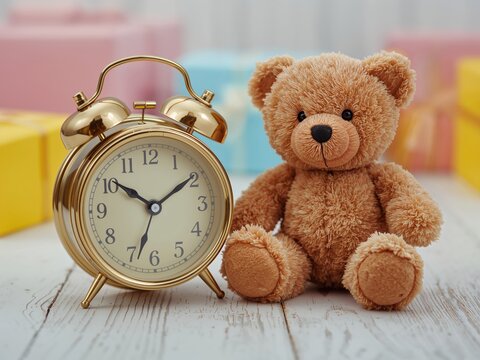 Cozy pastel still life featuring teddy bear and classic alarm clock creating nostalgic childhood atmosphere for toy marketing and family oriented visual branding