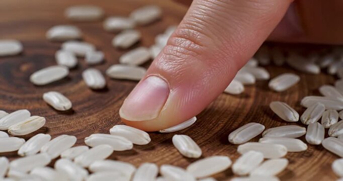 Hand Picking White Rice Grains from Wooden Surface.