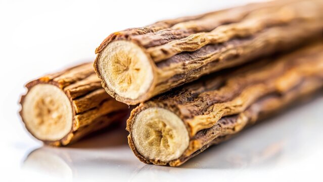 A photo of a slice of licorice roots on a white background, showcasing the thin, threadlike fibers in a detailed closeup view