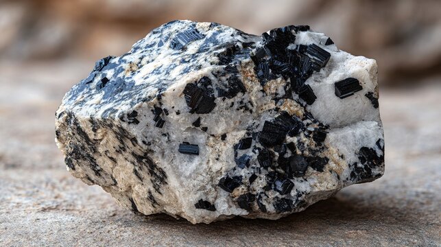 pegmatite. Granite pegmatite specimen with black tourmaline and white feldspar crystals. gardening catalogs, home-decor guides, designed for gardening and botanical catalogs, celebrates nature.
