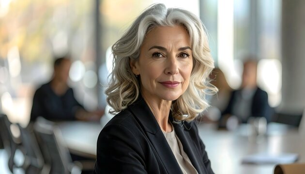 Mujer ejecutiva madura en oficina moderna con actitud profesional y segura