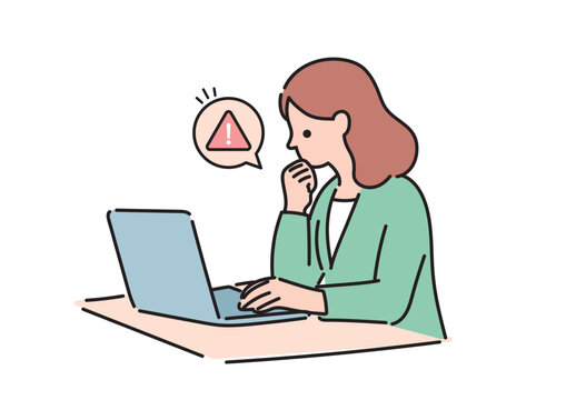 パソコンの警告画面に困る女性のイラスト エラー トラブル ベクター
