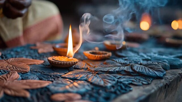 Artisan lighting terracotta diyas around a stunning floor rangoli.