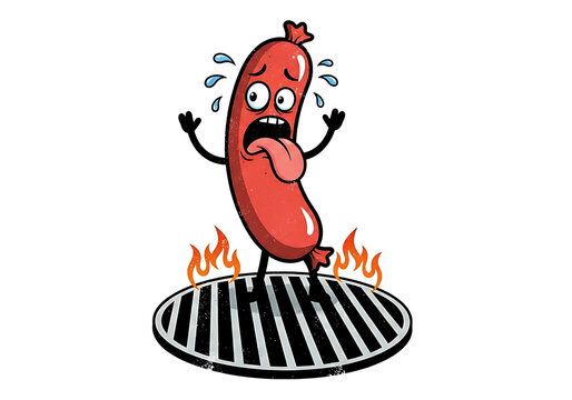 Scared cartoon sausage on a grill, sweating and sticking tongue out, with flames around its feet, depicting humorous distress from intense grilling heat, funny food concept.
