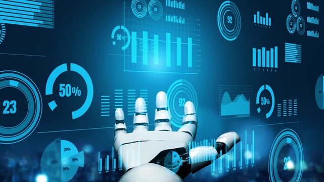 A robotic hand extends towards vibrant digital charts and graphs, symbolizing the intersection of technology and data analytics in a modern workspace. Xenic