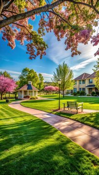 A photo of a serene suburban neighborhood with a large park in Fairfield features lush green grass, blooming flowers, and wellmaintained sidewalks T