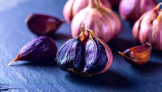 Ajo negro sobre mesa azul con bulbos de ajo morado en composici&oacute;n gastron&oacute;mica saludable