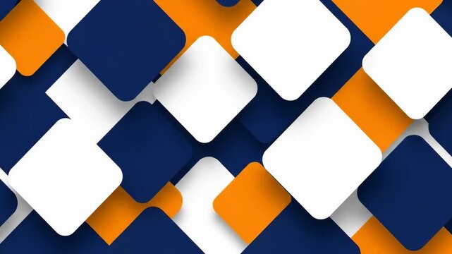 Abstract geometric background with moving orange blue and white rounded squares in a seamless loop.
