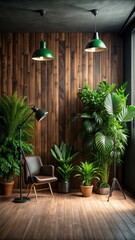 Fototapeta premium A photo of a dark wooden wall with lush indoor plants in vibrant green tones