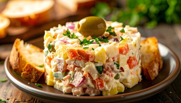 Ensaladilla rusa cremosa con aceituna y pan tostado en plato r&uacute;stico con estilo casero apetitoso